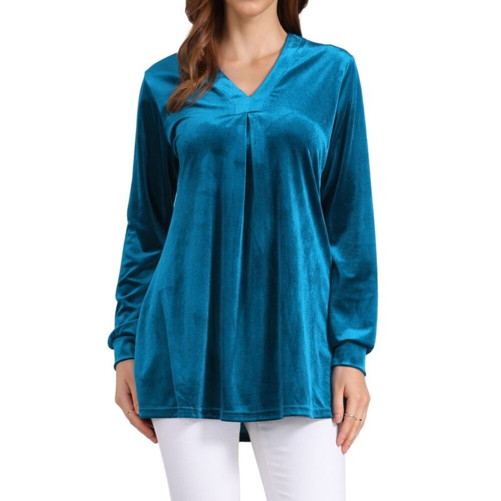 Velvet Top V Neck Long Sleeves Solid Casual Tunic Blouse T-Shirt Lake Blue